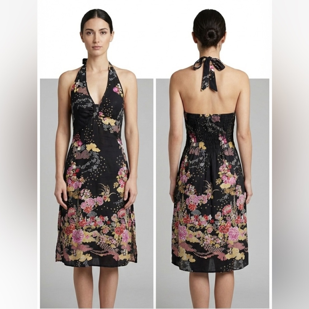 Uttam London Babydoll Asian Floral Beaded Y2K Halter Dress Black Sz M/L